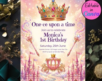 プリンセス1歳の誕生日招待状、ピンクのお城の誕生日招待状、女の子のおとぎ話プリンセスパーティー、編集可能なCanvaテンプレート、デジタルダウンロード