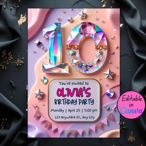 May include: A birthday party invitation featuring a large, gem-like number 10. The invitation includes the text "You're invited to OLIVIA'S BIRTHDAY PARTY" with date, time, and location details. The design incorporates pastel colors, stars, and a banner.