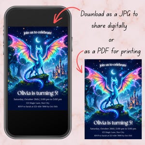 Puede incluir: Una invitaci&oacute;n digital en la pantalla de un smartphone, con un drag&oacute;n de fantas&iacute;a con alas de arco&iacute;ris bajo una luna creciente. El texto dice "&iexcl;Olivia cumple 5 a&ntilde;os!" con detalles del evento. La imagen tambi&eacute;n se muestra como PDF.