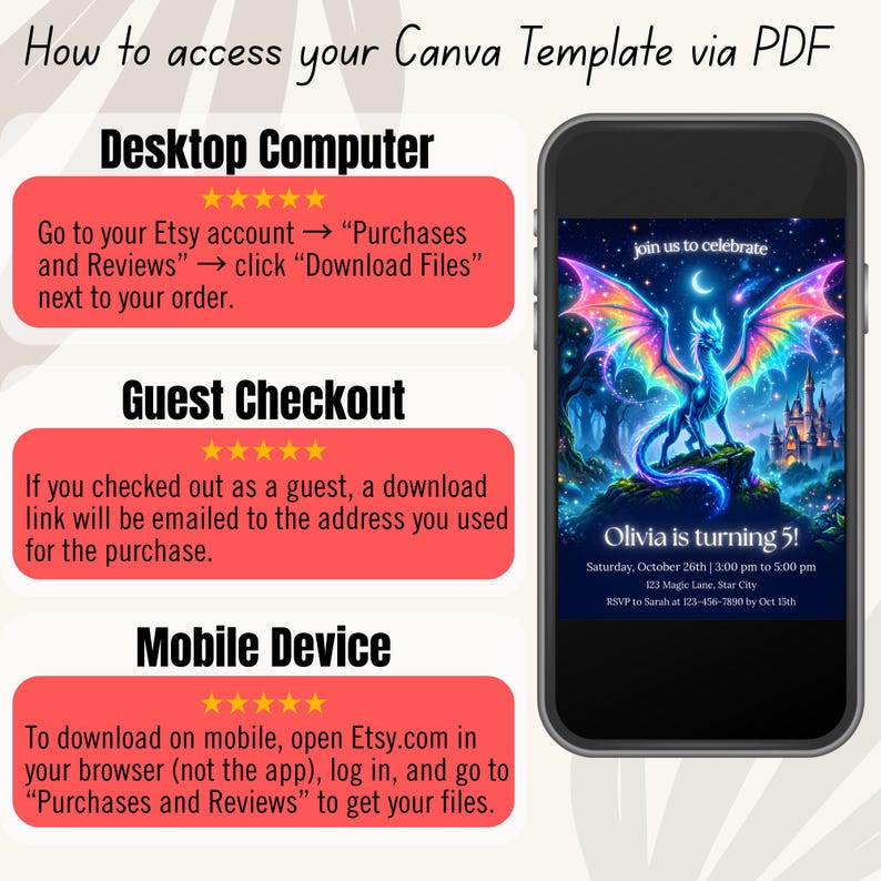 Puede incluir: Imagen con instrucciones para acceder a una plantilla de Canva v&iacute;a PDF. Las instrucciones se dividen en secciones para ordenador, compra como invitado y m&oacute;vil. Un smartphone muestra una colorida invitaci&oacute;n con un drag&oacute;n.