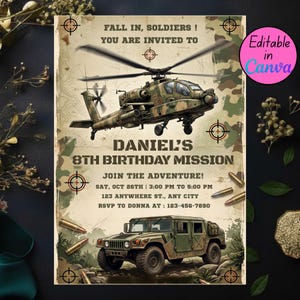 Puede incluir: Una invitación con temática militar. El diseño presenta un helicóptero y un Humvee, con el texto "Fall in, Soldiers! You are invited to Daniel's 8th Birthday Mission." Incluye detalles del evento e información de RSVP.