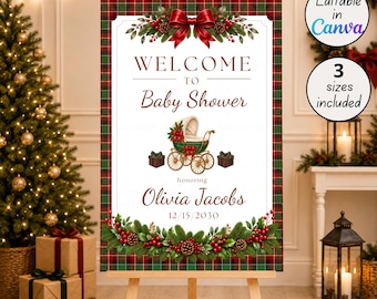 クリスマスベビーシャワーウェルカムサイン、冬用チェック柄ベビーカーサイン、編集可能なCanvaテンプレート、デジタルダウンロード