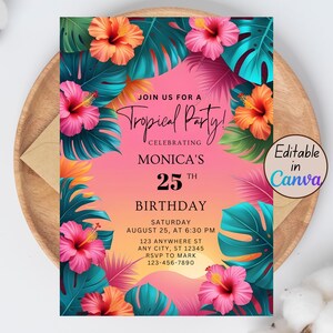 Invitación de cumpleaños tropical, invitación a fiesta luau hawaiana, fiesta de cumpleaños de verano, plantilla editable de Canva, descarga digital