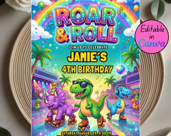恐竜ローラースケート誕生日招待状、恐竜誕生日パーティー招待状、編集可能なCanvaテンプレート、デジタルダウンロード