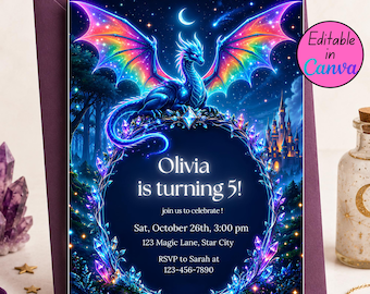 ネオンドラゴンの誕生日招待状、ファンタジードラゴンパーティー招待状、編集可能なCanvaテンプレート、デジタルダウンロード