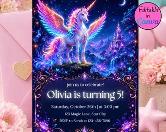 ネオンユニコーンの誕生日招待状、魔法のユニコーン誕生日パーティー招待状、編集可能なCanvaテンプレート、デジタルダウンロード