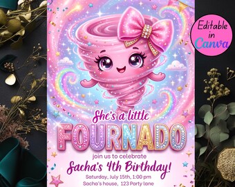 Fournado 4歳の誕生日招待状（女の子用）、ピンクの竜巻の4歳の誕生日招待状、編集可能なCanvaテンプレート、デジタルダウンロード