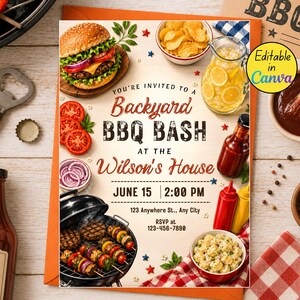 Backyard BBQ Party Invitation, BBQ Bash Invite, Summer Cookout Party, Digital Download, Editable Canva
