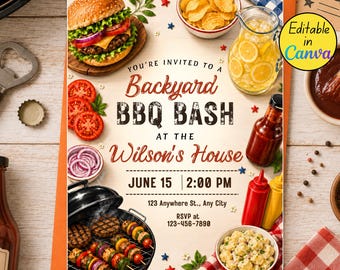 Backyard BBQ Party Invitation, BBQ Bash Invite, Summer Cookout Party, Digital Download, Editable Canva