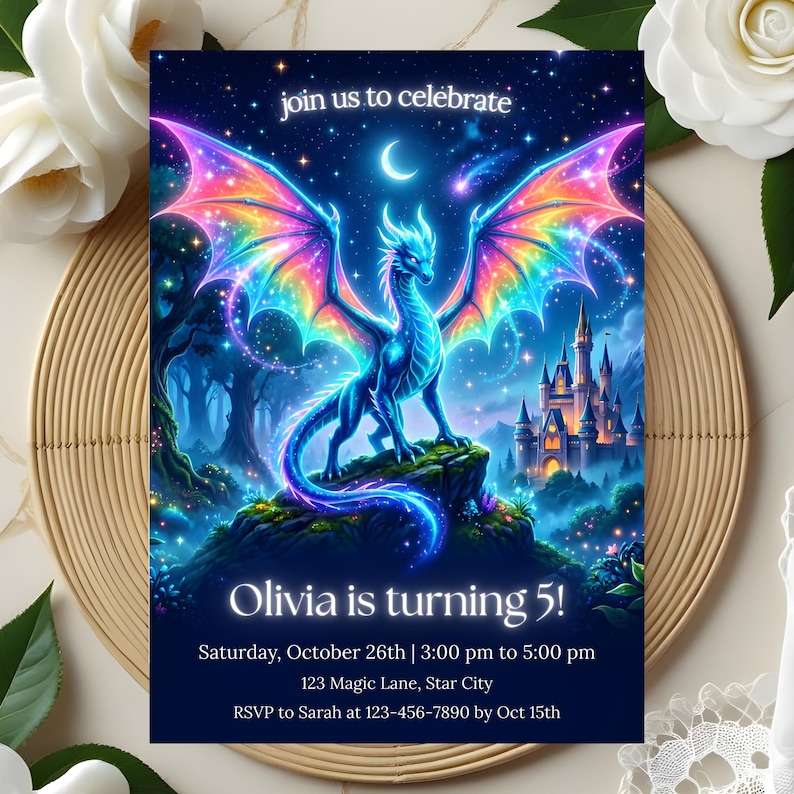 Puede incluir: Tarjeta de invitaci&oacute;n de tem&aacute;tica fant&aacute;stica con un drag&oacute;n azul con alas de arco&iacute;ris, un castillo y una luna creciente sobre un cielo estrellado. El texto dice "&iexcl;Olivia cumple 5 a&ntilde;os!" con detalles del evento.