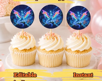Puede incluir: Tres cupcakes con adornos circulares de papel que muestran un dragón brillante con alas iridiscentes sobre un cielo nocturno estrellado y la silueta de un castillo. Aparece el texto Cupcake toppers, Editable in Canva e Instant access.