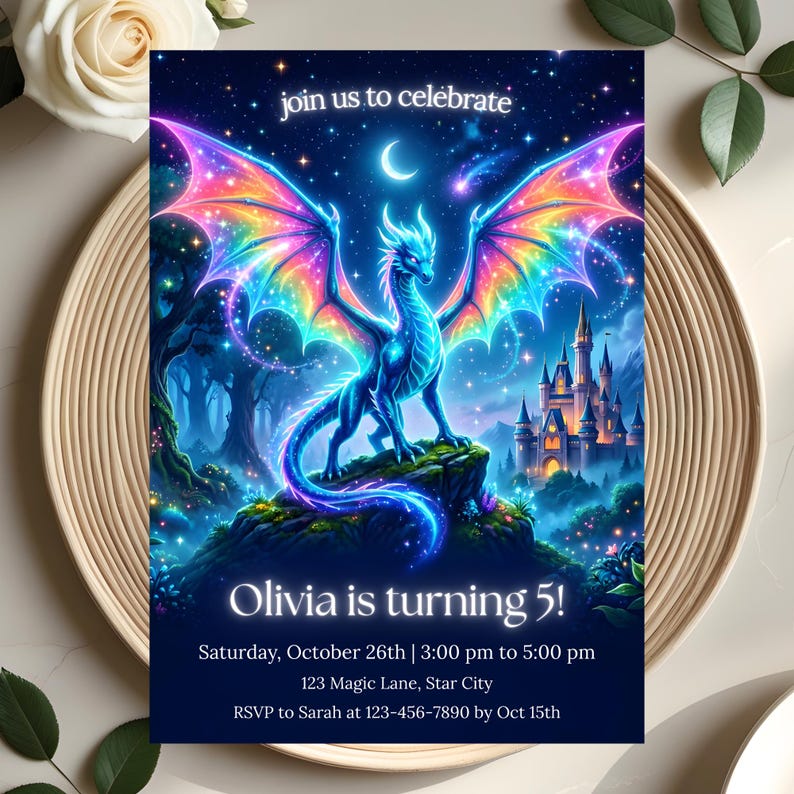 Puede incluir: Tarjeta de invitaci&oacute;n de tem&aacute;tica fant&aacute;stica con un drag&oacute;n azul, alas de arco&iacute;ris y un castillo bajo un cielo estrellado. El texto dice "&Uacute;nete a nuestra celebraci&oacute;n" y "&iexcl;Olivia cumple 5 a&ntilde;os!" con detalles del evento.