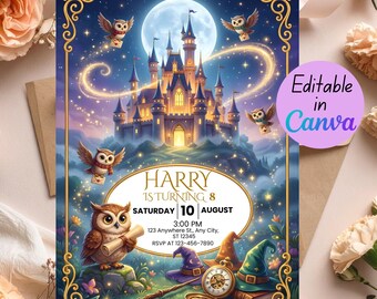 Wizards Witches Birthday Invitation, Castle Wizardry Party Invite, Magical School Printable, Editable Canva Template