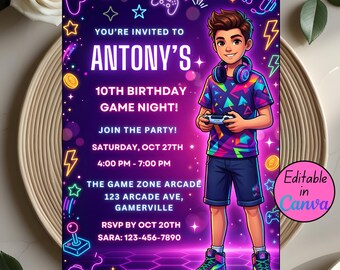 男の子向けビデオゲーム誕生日招待状、編集可能なゲーマーパーティー招待状、Canvaテンプレート、デジタルダウンロード
