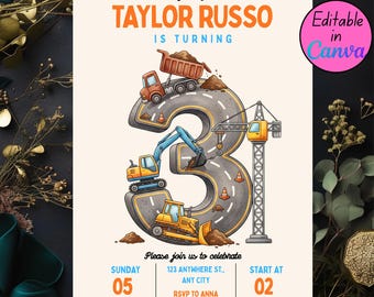 Construction 3rd Birthday Invitation, Dump Truck Party Invite, Editable Canva Template, Digital Download