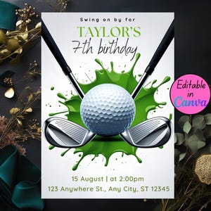 Puede incluir: Una invitación de cumpleaños con temática de golf, que muestra una pelota de golf y dos palos de golf cruzados sobre un fondo verde. El texto dice "7º cumpleaños de TAYLOR" con detalles del evento. Editable en Canva.