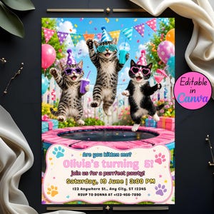 Puede incluir: Una invitación de cumpleaños con tres gatos de dibujos animados saltando en una cama elástica. Los gatos llevan gorros de fiesta y gafas de sol, sosteniendo bebidas. El texto de la invitación dice "Olivia's turning 5!" con detalles de la fiesta y "Editable in Canva."