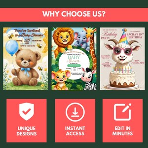 Puede incluir: Un collage de invitaciones para baby showers y cumplea&ntilde;os. Las invitaciones presentan animales de dibujos animados, incluyendo un oso con un globo, un le&oacute;n, un elefante, una jirafa y una cebra. El texto en las invitaciones dice "&iquest;Por qu&eacute; elegirnos?" y "Dise&ntilde;os &uacute;nicos."