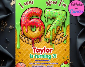 Six Seven Ice Cream Birthday Invitation, Funny Kids Party Invite, Editable Canva Template, Digital Download