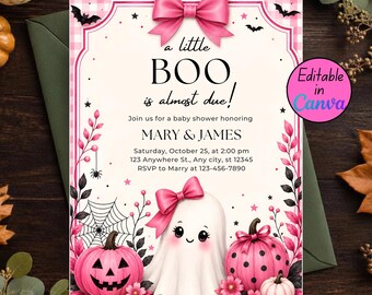 リトルブーガールベビーシャワー招待状、ピンクのハロウィンゴースト招待状、編集可能なCanvaテンプレート、デジタルダウンロード
