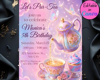 ティーパーティー誕生日招待状、女の子向けティーパーティー招待状、風変わりなティーパーティー、編集可能なCanvaテンプレート、デジタルダウンロード