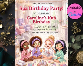 スパパーティー誕生日招待状テンプレート、女の子向けお泊まりパーティー招待状、編集可能なCanvaお泊まり会招待状、キッズスパデー誕生日