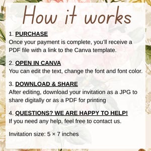 May include: A beige invitation design with floral accents and the text "How it works." Instructions include purchasing, opening in Canva, downloading, and sharing. The invitation size is 5 x 7 inches.