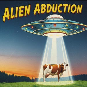 May include: A retro-style image shows a UFO shining a light on a cow in a green field. The words "ALIEN ABDUCTION" and "BELIEVE THE IMPOSSIBLE!" are in yellow text. A full moon and trees are in the background.
