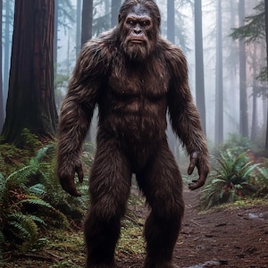 Può includere: Immagine a figura intera di un Sasquatch, o Bigfoot, in piedi in una foresta. La creatura è coperta di pelliccia marrone scuro e ha una corporatura muscolosa. Lo sfondo presenta alberi alti e un sentiero.