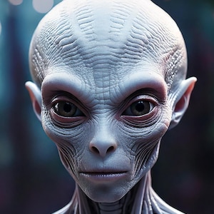 Puede incluir: Primer plano del rostro de un alienígena con piel pálida y texturizada. El alienígena tiene ojos grandes y oscuros, una ceja prominente y una nariz delgada. La cabeza es calva y la piel muestra crestas y líneas detalladas, creando una apariencia extraña.