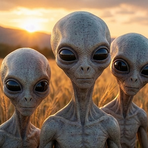 Puede incluir: Tres figuras alienígenas grises con grandes ojos negros están de pie en un campo de trigo al atardecer. Los alienígenas tienen piel lisa y cuerpos delgados. El fondo presenta un campo de trigo dorado y un sol poniente.