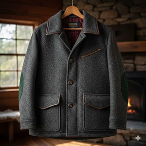 Puede incluir: Chaqueta de lana gris con diseño de espiga, ribetes de cuero marrón y coderas verdes, colgada de una percha de madera. La chaqueta tiene un forro a cuadros rojos y negros, dos bolsillos delanteros y un bolsillo en el pecho con cremallera. La chaqueta está abotonada.