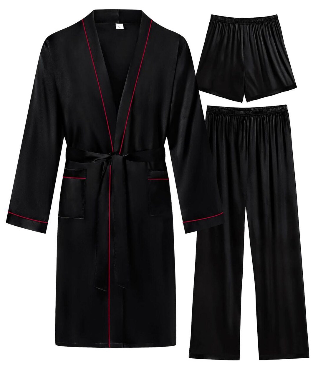 Men's Black Silk Satin Robe Set – Kimono Style Sleepwear, Trousers ...