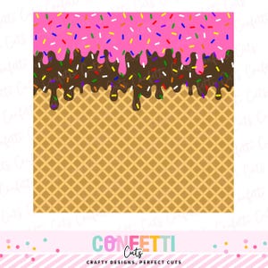 May include: A square design featuring a pink top with colorful sprinkles, dripping chocolate, and a waffle-textured bottom. The image includes the text "Confetti Cuts" and "Crafty Designs, Perfect Cuts".