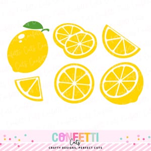 Puede incluir: Ilustraciones de limones amarillos con contornos blancos. La imagen incluye un limón entero con una hoja verde, rodajas de limón y gajos de limón. El texto "Confetti Cuts" y "Crafty Designs, Perfect Cuts" está en la parte inferior.
