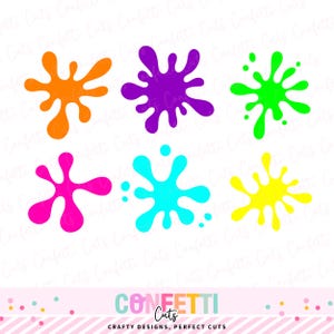 May include: Six colorful paint splatters in orange, purple, green, pink, turquoise, and yellow. The image includes the text "Confetti Cuts" and "Crafty Designs, Perfect Cuts" in a playful font.