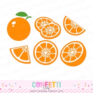 Puede incluir: Imagen de naranjas y rodajas, incluyendo una naranja entera con una hoja verde, rodajas y gajos. La imagen tiene un fondo blanco y el texto "Confetti Cuts, Crafty Designs, Perfect Cuts".