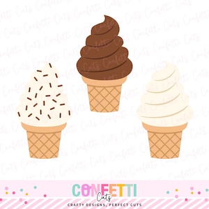 May include: Three cartoon ice cream cones. One has chocolate soft serve, another has vanilla with sprinkles, and the third has vanilla soft serve. The cones are light brown with a waffle pattern. The bottom of the image has the text "Confetti Cuts".