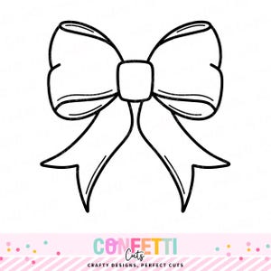 Può includere: Un disegno a tratto nero e bianco di un fiocco. Il fiocco ha due anelli su ogni lato e due lunghe code. Il fiocco è centrato su uno sfondo bianco. La parte inferiore dell'immagine contiene il testo "Confetti Cuts" e "Crafty Designs, Perfect Cuts".