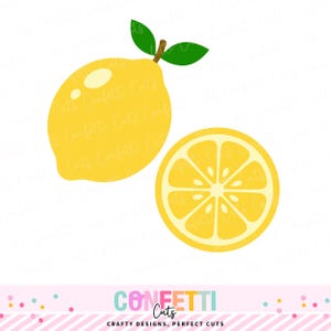 May include: A yellow lemon and a lemon slice are depicted on a white background. The whole lemon has a stem and green leaves. The lemon slice shows the inner segments. The text "Confetti Cuts" and "Crafty Designs, Perfect Cuts" is at the bottom.
