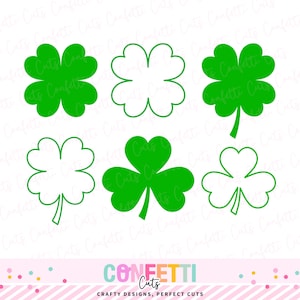 May include: A collection of green and outline shamrock and clover designs. The image includes four-leaf clovers and three-leaf clovers, with the text "Confetti Cuts" and "Crafty Designs, Perfect Cuts" at the bottom.