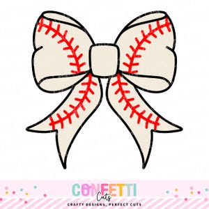 May include: A baseball-themed bow design with a cream-colored base and red stitching, outlined in black. The bow features a classic baseball stitch pattern. The design is set against a white background. The bottom of the image has the text "Confetti Cuts".