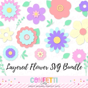 May include: A collection of layered flower designs in pastel colors, including pink, blue, purple, and yellow. The image features various flower shapes with leaves and the text "Layered Flower SVG Bundle".