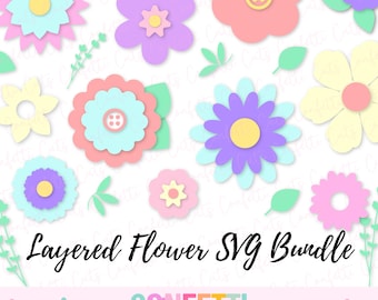 Flower SVG, Floral Layered SVG, Paper Flower SVG, Flower Cut File Svg Bundle, Spring Flower Clipart, 3D Flower Svg, Leaves Svg