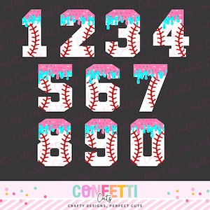 May include: A set of numbers from 1 to 0, designed to resemble baseballs with red stitching and a pink and blue icing effect. The numbers are set against a dark grey backdrop.