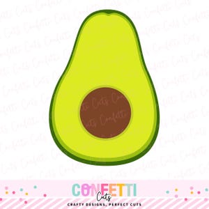 May include: A cut avocado illustration with a green exterior and a brown seed. The image has a white background and the text "Confetti Cuts" with the tagline "Crafty Designs, Perfect Cuts" at the bottom.