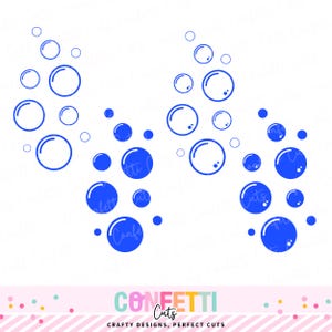 May include: Blue bubble graphic with varying sizes and a white background. Some bubbles have a reflective highlight. The bottom of the image has the text "Confetti Cuts" and "Crafty Designs, Perfect Cuts".
