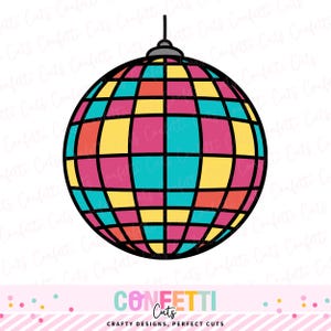 May include: A colorful disco ball illustration with a black outline. The ball is divided into squares of yellow, pink, teal, and orange. The text "Confetti Cuts" and "Crafty Designs, Perfect Cuts" is at the bottom.