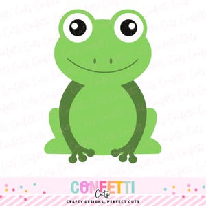 May include: A cartoon frog illustration in shades of green, with large white eyes and black pupils. The frog is smiling, with the text "Confetti Cuts" and "Crafty Designs, Perfect Cuts" at the bottom.