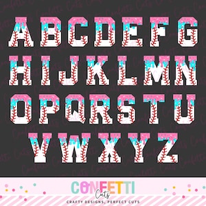 Puede incluir: Un alfabeto completo de letras mayúsculas, cada una diseñada con un tema de béisbol. Las letras son blancas con costuras rojas, que se asemejan a pelotas de béisbol. Glaseado rosa y azul gotea de la parte superior de cada letra. La parte inferior de la imagen tiene el texto "Confetti Cuts".
